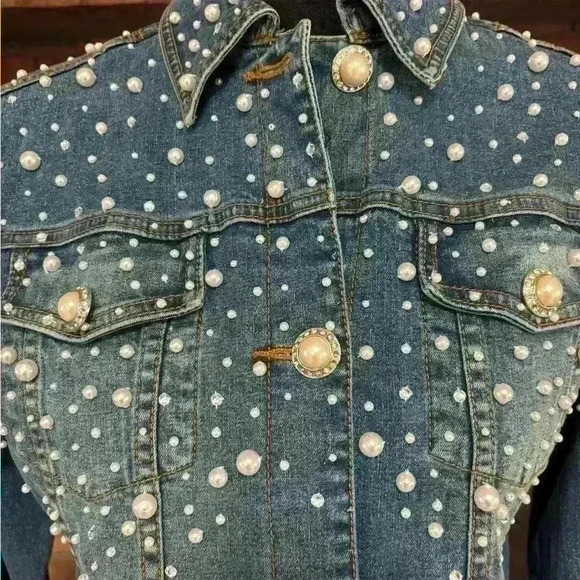 QUACKER FACTORY PEARL & RHINESTONE WESTERN BLUE DENIM JEAN JACKET SHACKET SZ S-L - Picture 7 of 15